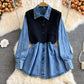 High waist slim long sleeve Lapel denim dress  3378