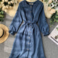 Long sleeve ruffle hem button down dress  1317