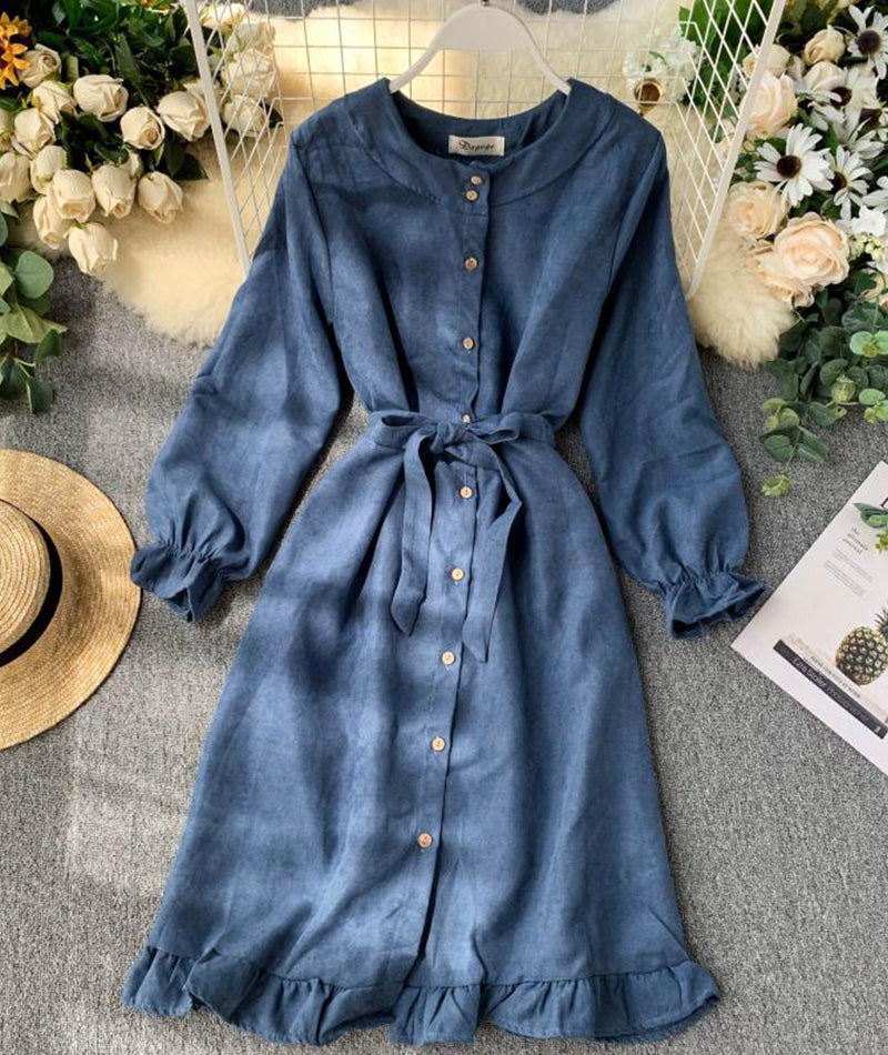 Long sleeve ruffle hem button down dress  1317
