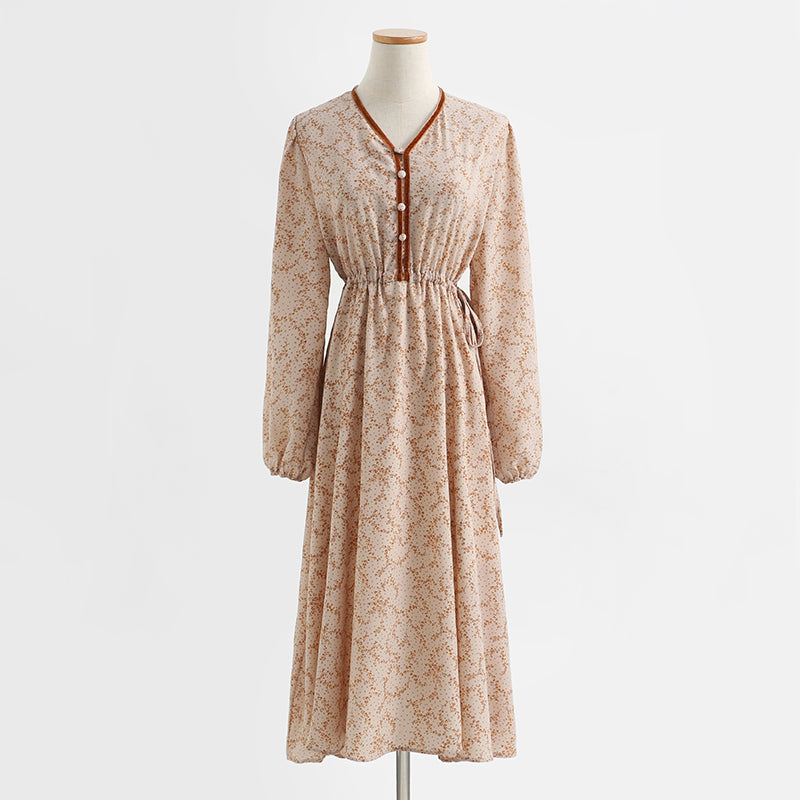 French retro minority temperament gentle wind long sleeve Floral Dress  2254