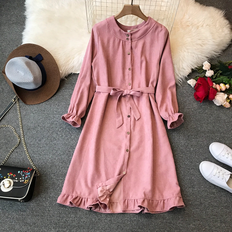 Rüschen-Schnürkleid mit Rundhalsausschnitt und hoher Taille 3398