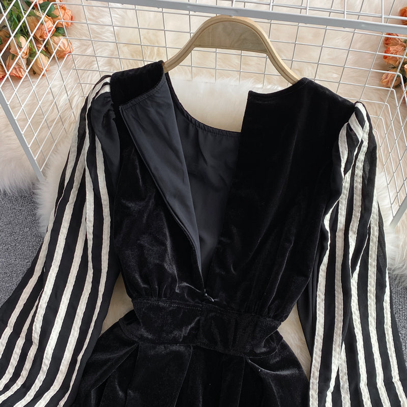 Robe en velours faux deux pièces à manches longues et à rayures de qualité 3229