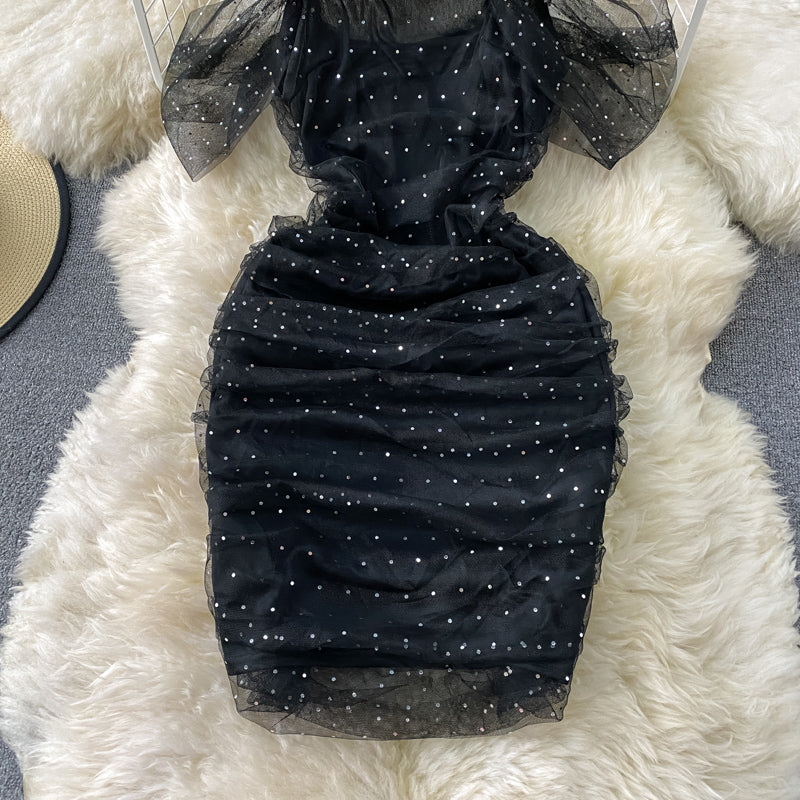 Sling-enges, glitzerndes Pailletten-Mesh-Super-Feenkleid 3292