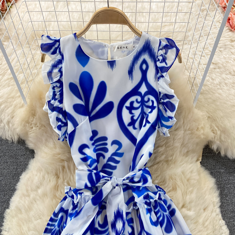 Blue and white porcelain printed Ruffle sleeveless Crew Neck Dress  2981
