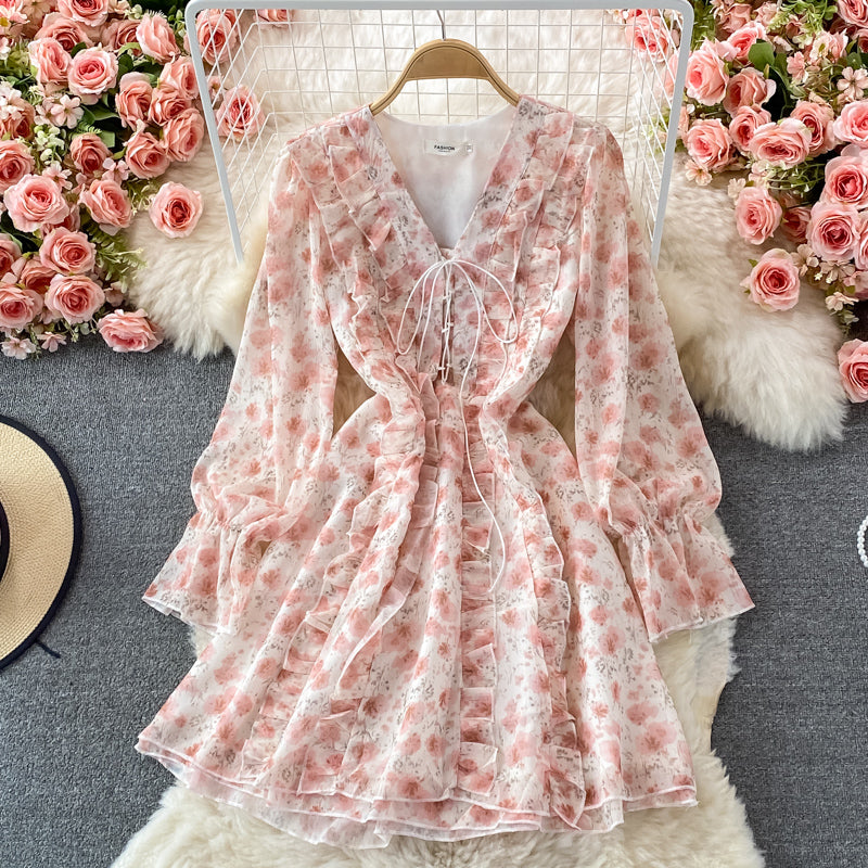 Long Sleeve Ruffle V-neck dress  3079