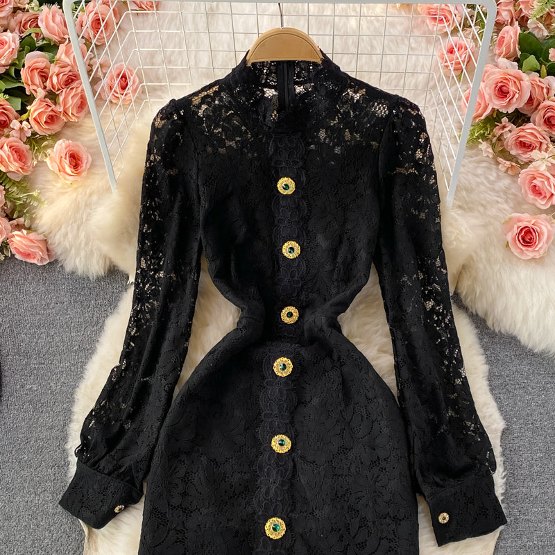 Light luxury medium length stand collar lace Hip Wrap Dress long sleeve  3236