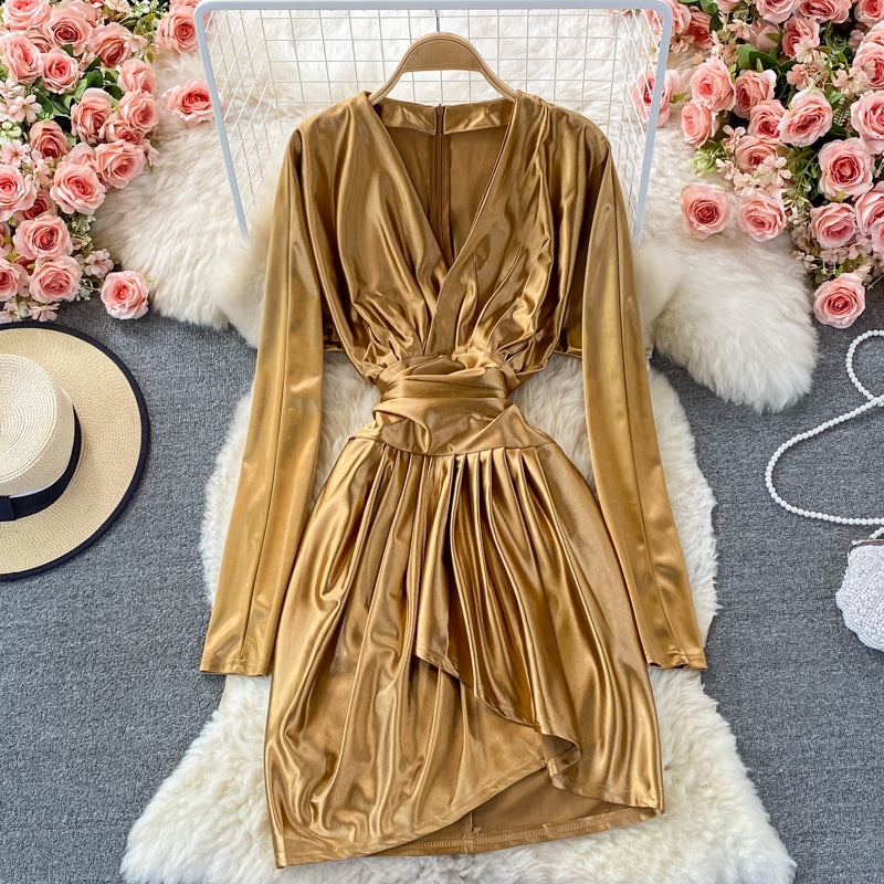 Satin high waist with thin V-neck irregular dress  3352