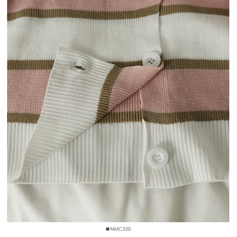 Korean stripe three button low neck thin cardigan long sleeve  1793