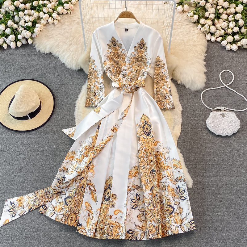 Court Vintage printed long sleeved dress with large swing  3382
