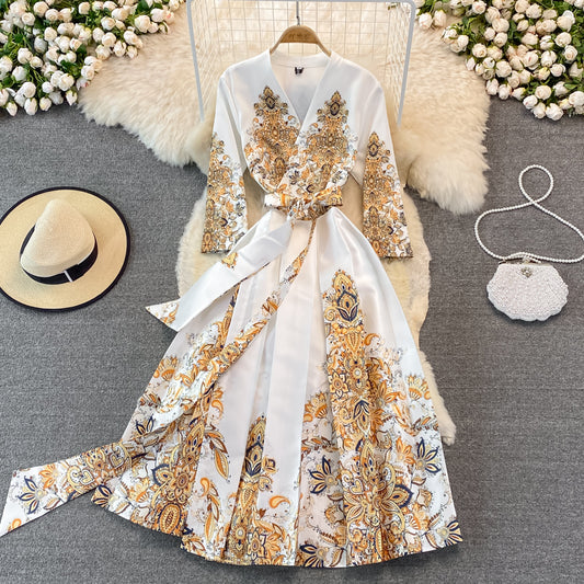 Court Vintage printed long sleeved dress with large swing  3382