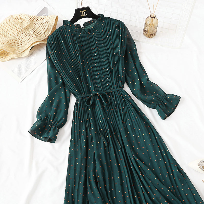 Wave point dress new autumn and winter dress French retro broken flower chiffon long skirt  2128