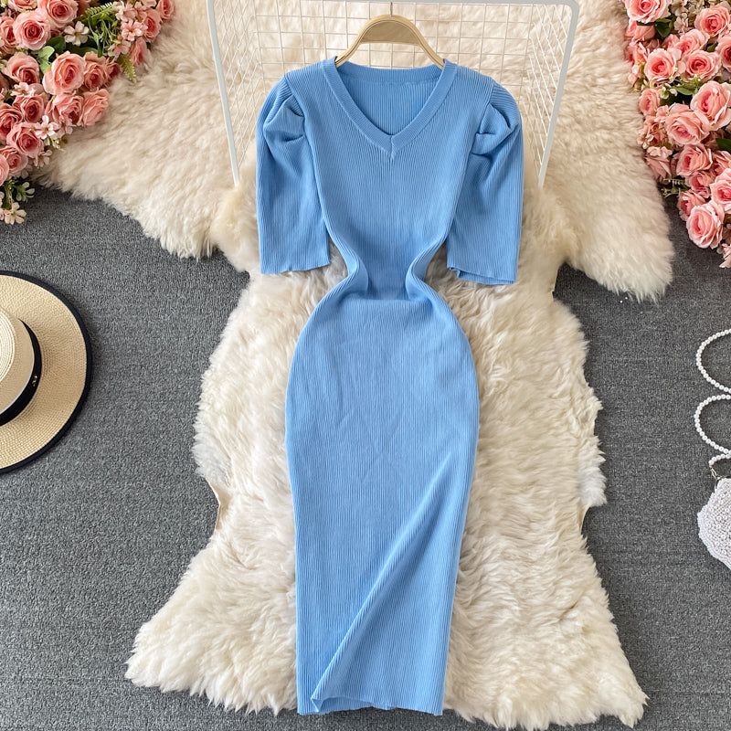 Temperament bubble sleeve slim V-neck wrap hip dress  2895