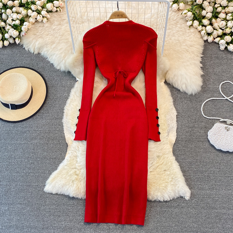 Fashion celebrity V-neck knitted dress  3380