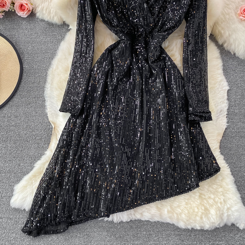Sexy V-neck irregular Sequin dress  3097