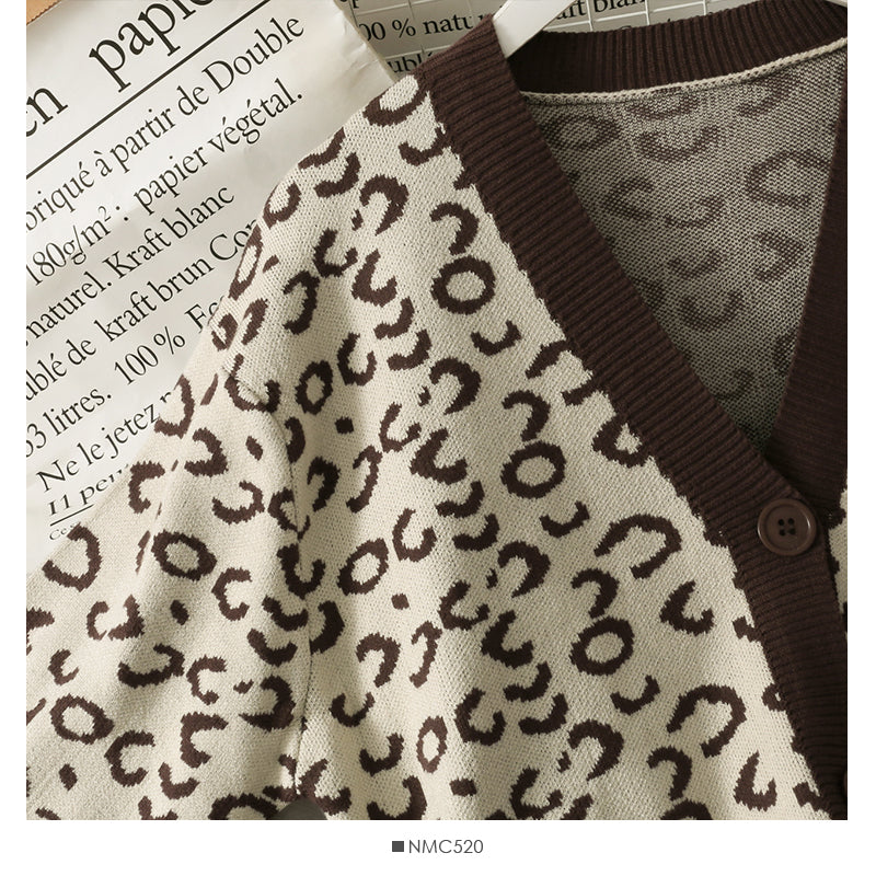Korean retro color matching leopard three button cardigan women's sweater  1947