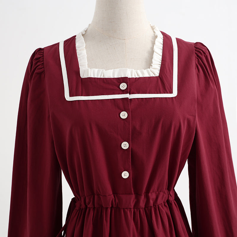French retro long sleeved dress, college style, slim waist, red bottomed skirt  2269