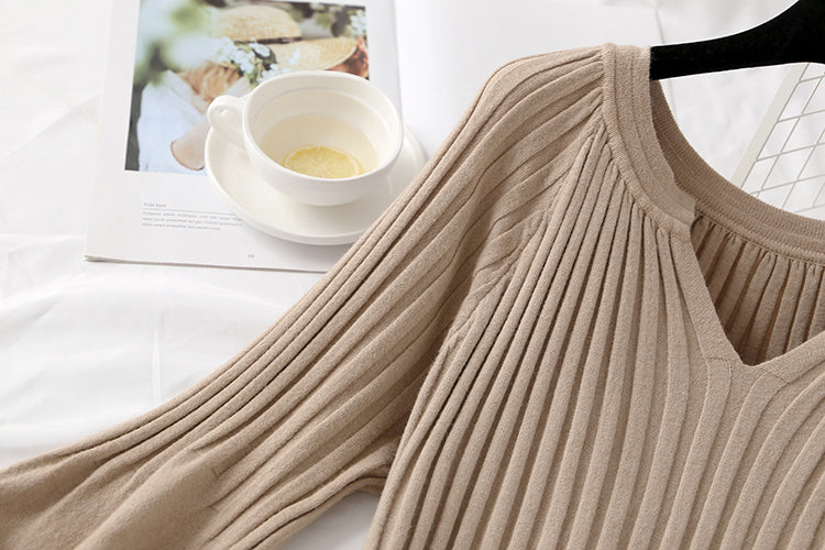 Rotes Strickkleid mit langen Ärmeln und Saum für Damen 2138