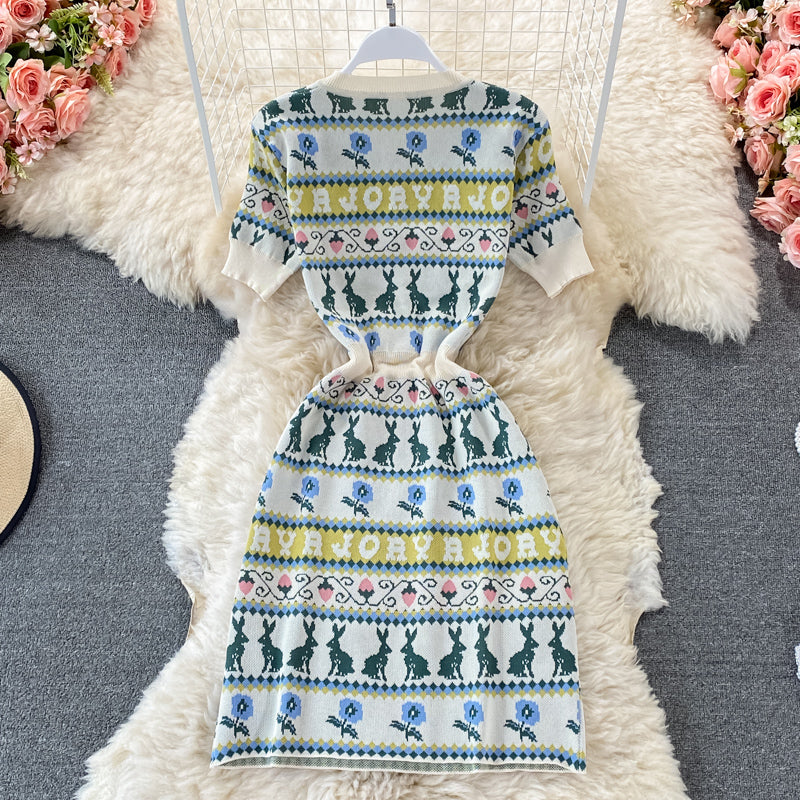 Cartoon rabbit letter jacquard V-neck slim dress  3196