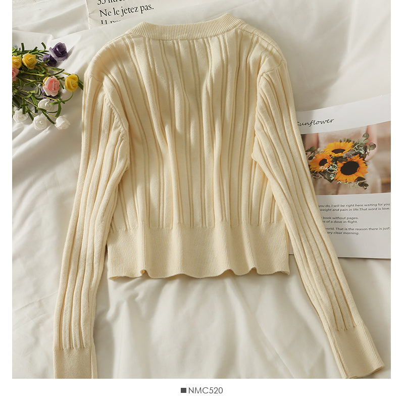 Slim vertical stripe crew neck short Zip Cardigan Sweater  1876