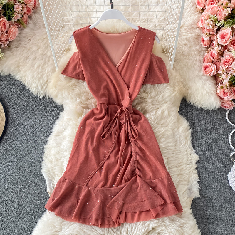 Sexy cross V-neck Sequin elastic Ruffle Dress  3318