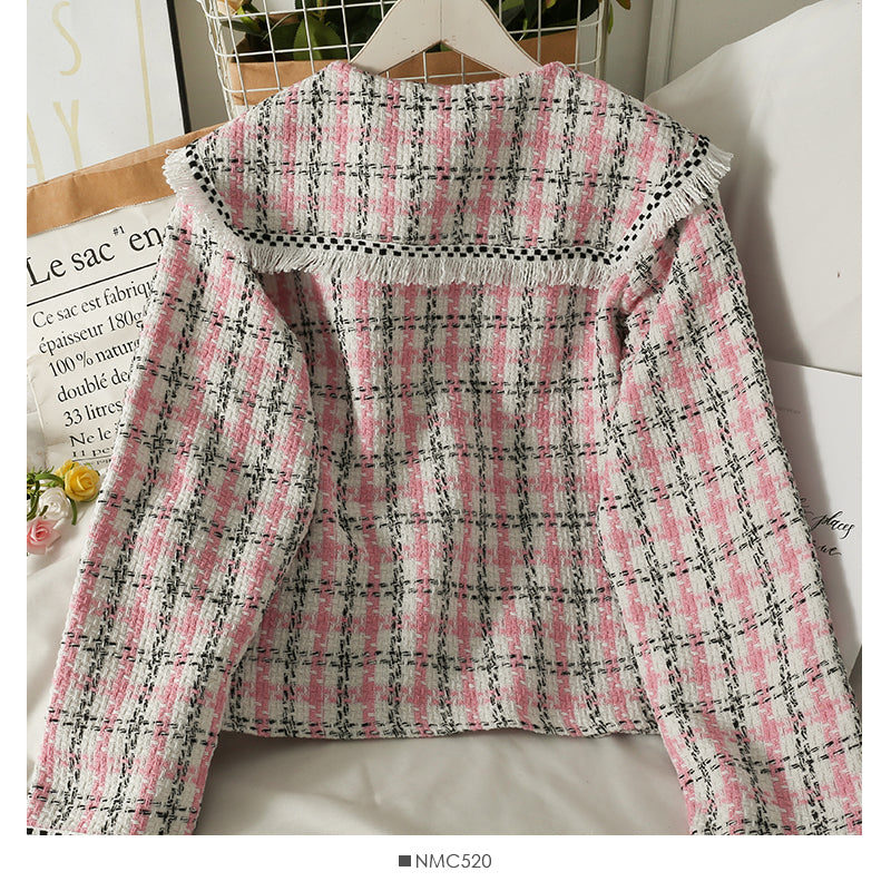 Hong Kong style retro tassels woolen baby collar tweed short shirt style coat women  2119