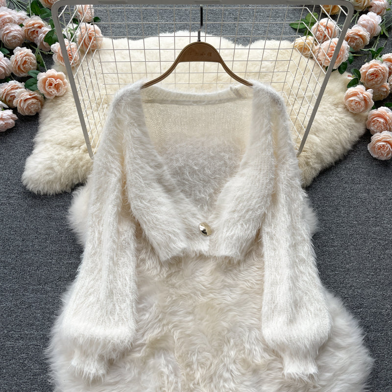 Kurzer Mohair Cardigan Damen Plüsch Pullover Mantel 1598