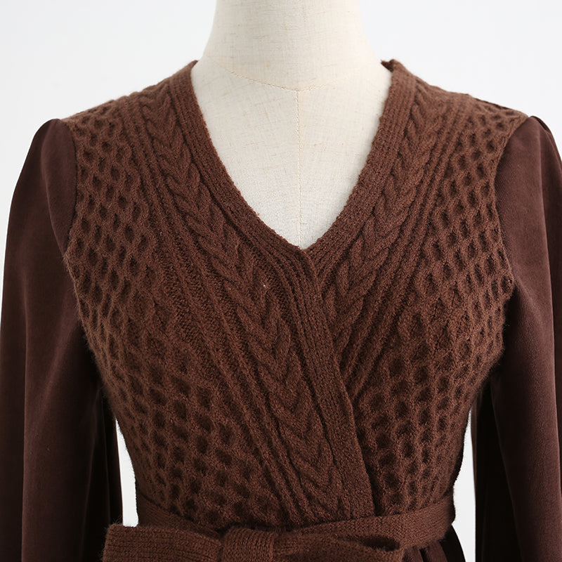 Knitted dress temperament high sense lace up wool dress inner match  2325