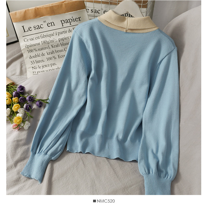 New color blocked bow single breasted loose knit  1937