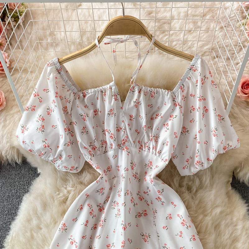 Slim waist with broken flower hanging neck square neck dress  3216