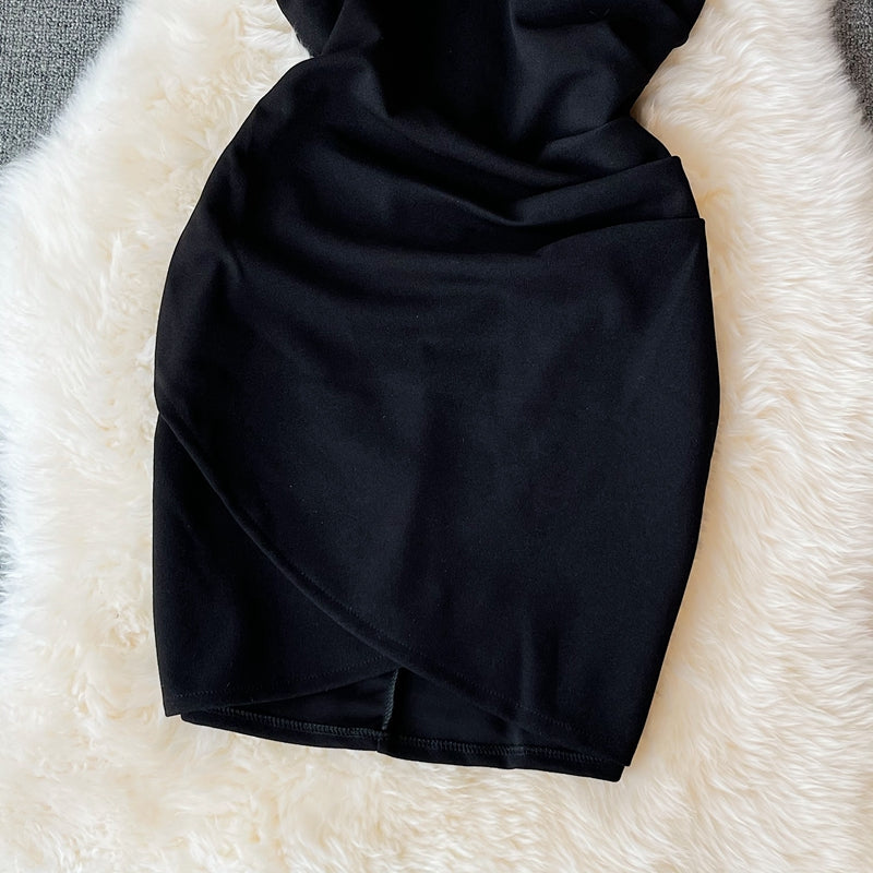 Slim wrap hip skirt low chest V-neck dress  2767