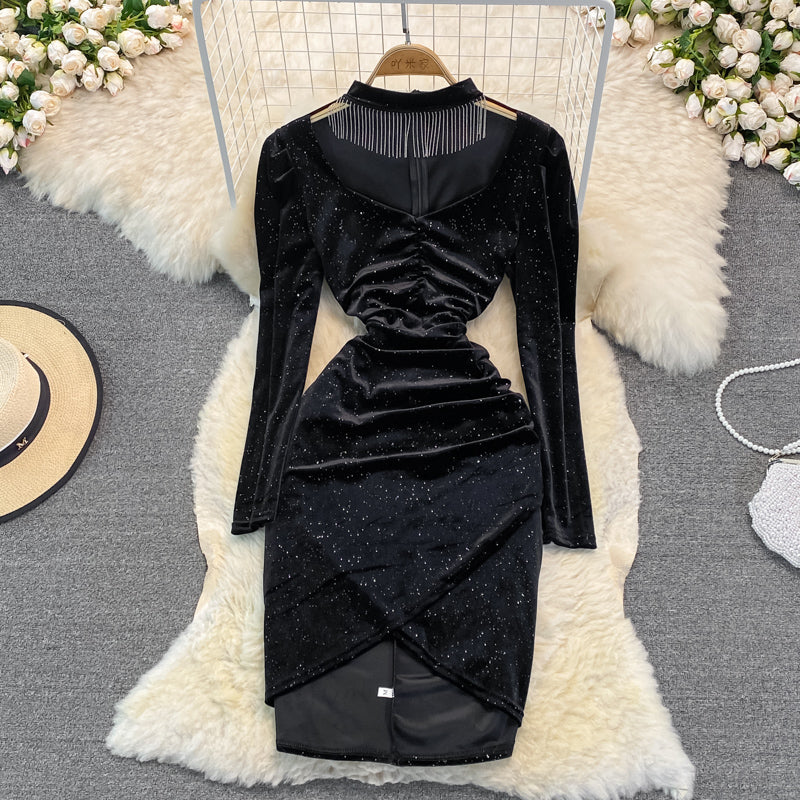 Celebrity temperament V-neck hanging neck tassel wrap hip dress  3391