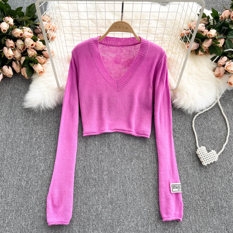 Solid V-neck slim high waist sweater female  1609