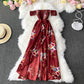 Fashion temperament one shoulder Strapless Floral Dress  2927