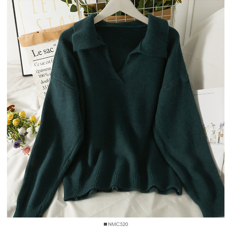 Neuer Vintage Revers lockerer dünner Pullover Pullover für Frauen 1805