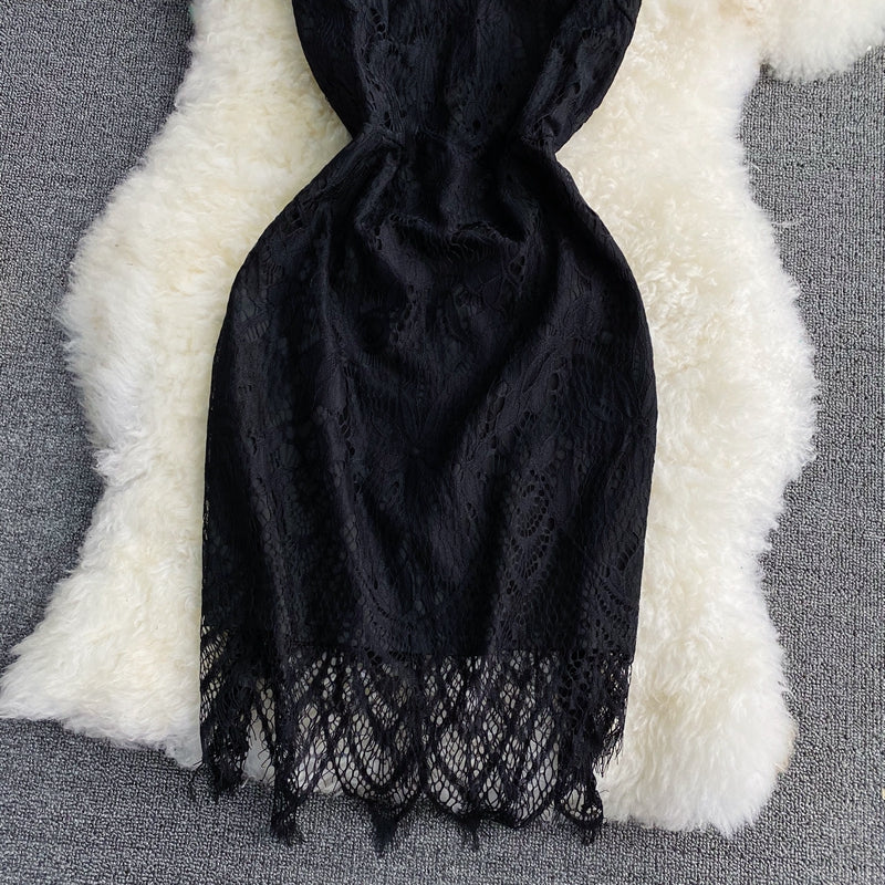 Slim neck hanging off shoulder black lace Hip Wrap Dress  2939