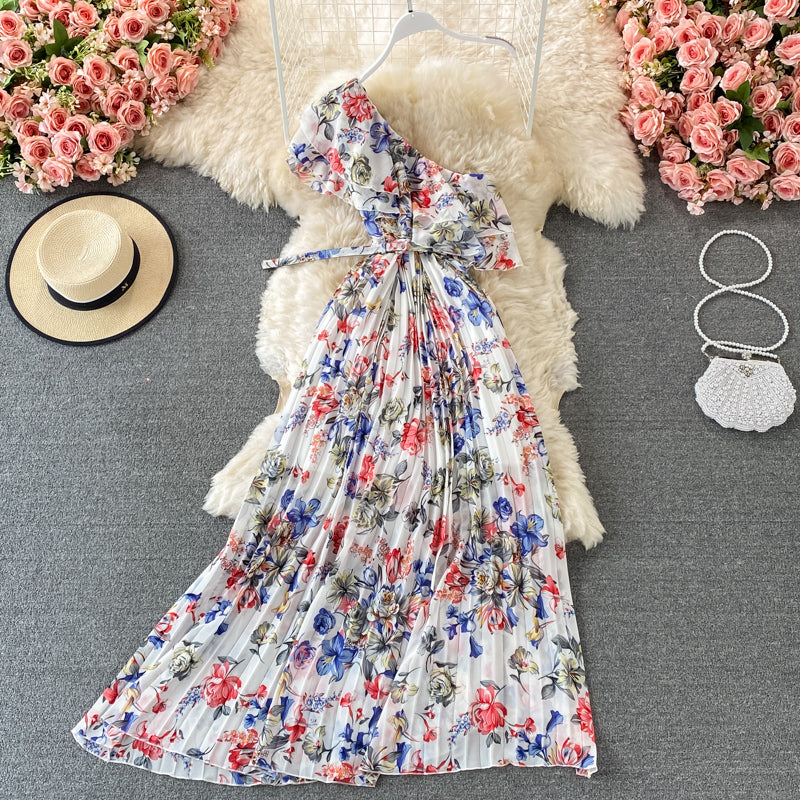 Ruffle waist Pleated Chiffon Floral Dress  2972
