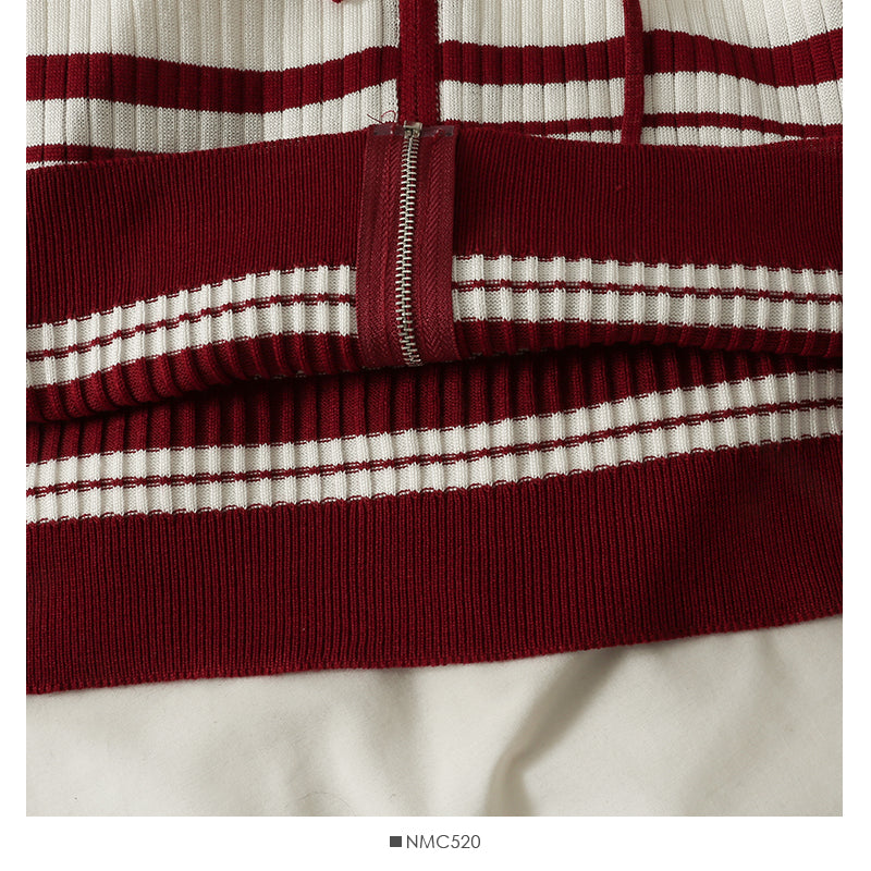 Korean drawstring hooded striped zipper cardigan thin sweater women 2015