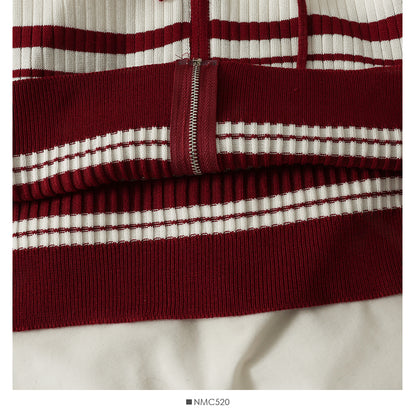 Korean drawstring hooded striped zipper cardigan thin sweater women 2015