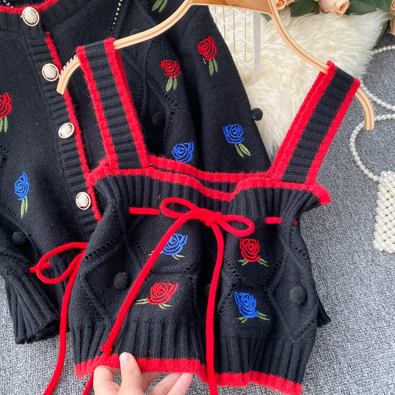 Strick-Cardigan, Vintage, gestickte Blume, lockerer Langarm-Pullover, kurzer Absatz, Spaghettiträger-Oberteil, süße Zweier-Sets 1339