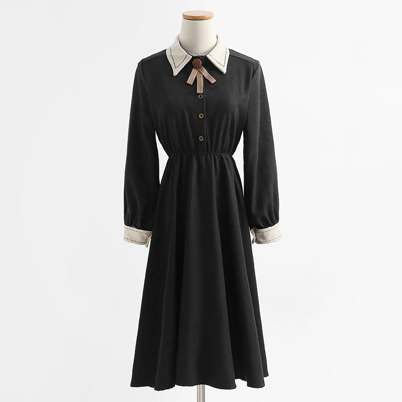 Long sleeved dress, academic style, thin temperament, knee length skirt, French long skirt, female  2159