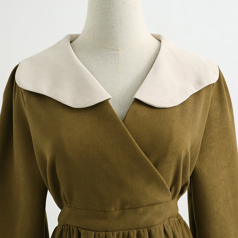 New French dress Hepburn wind lamp corduroy bottomed skirt baby collar skirt  2239