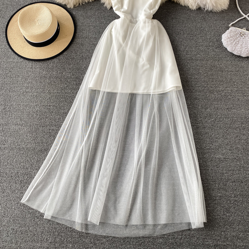 High waist mesh stitched fairy suspender skirt  3310