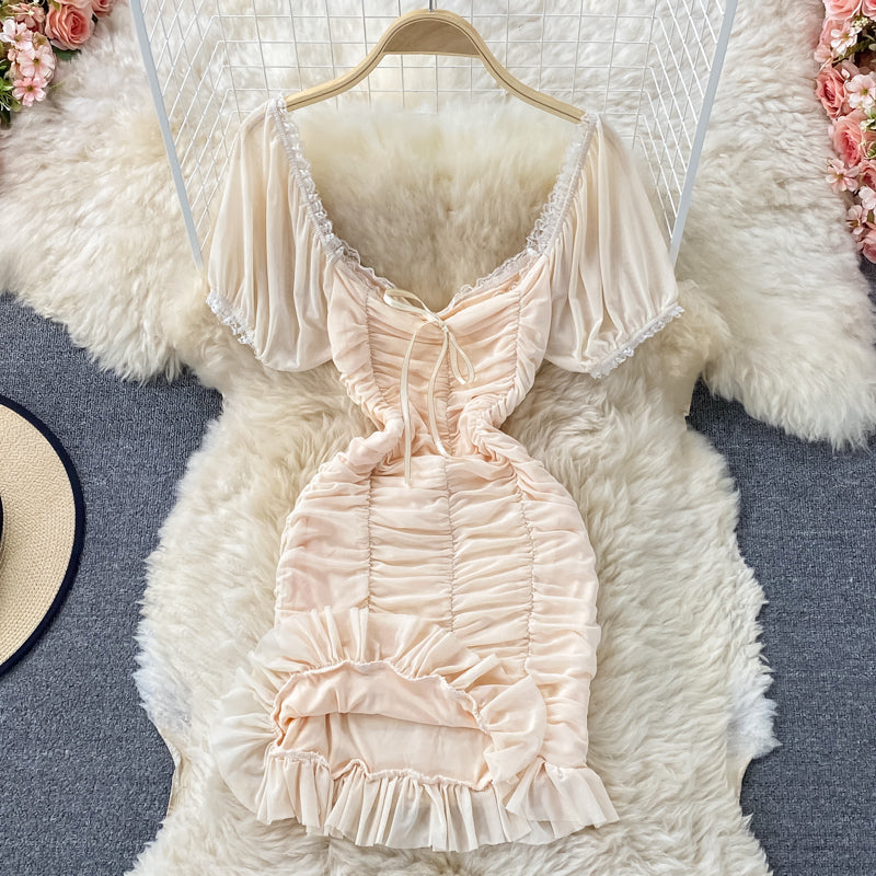 French Ruffle sweet square neck dress  2797