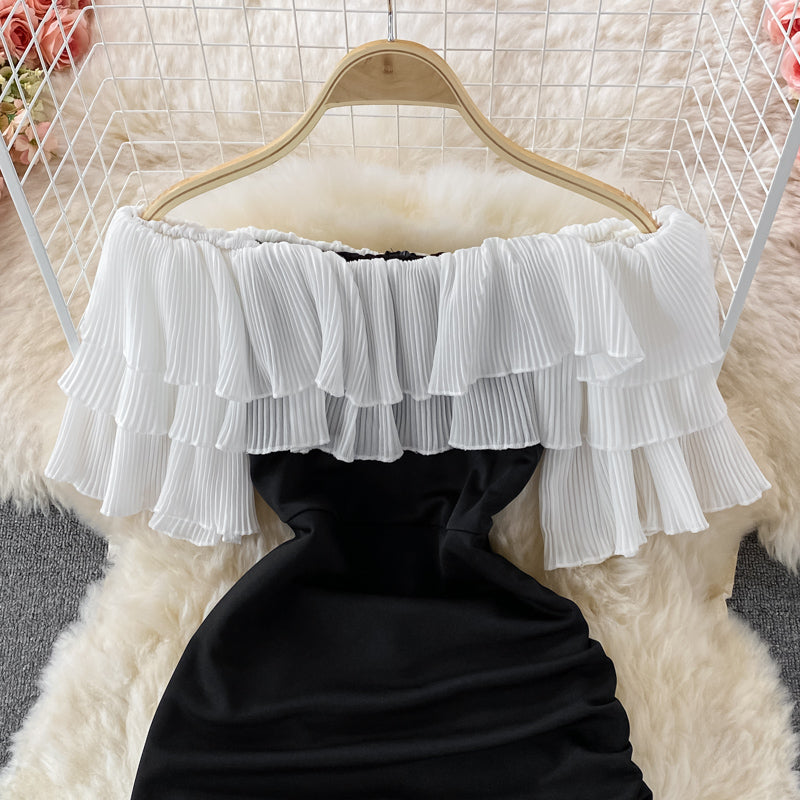 Straight neck off shoulder temperament Hepburn wrap hip short skirt  3209