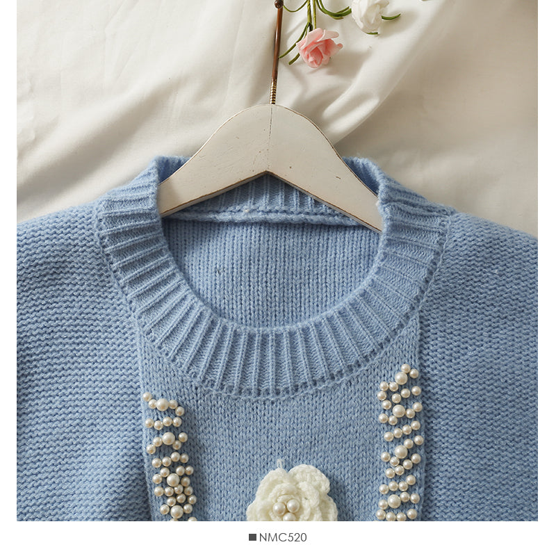 Han Fan nail bead three-dimensional flower round neck bubble sleeve T-shirt  1944