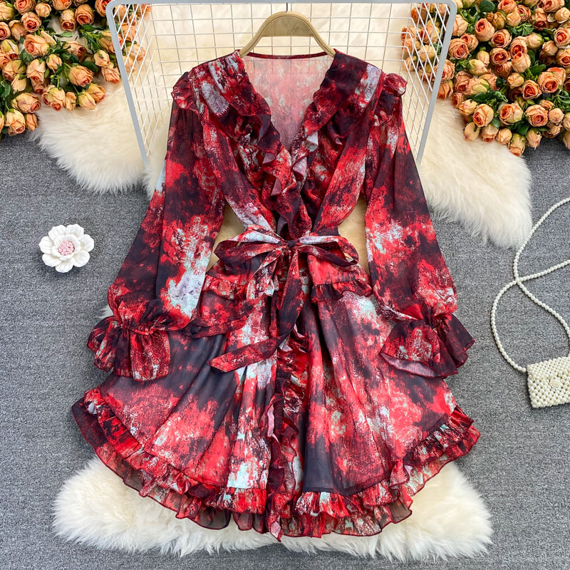 V-neck ruffled Floral Chiffon Dress  2854