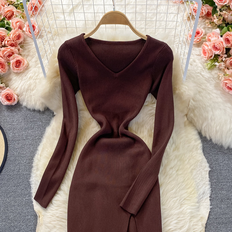 Tight elastic knitted skirt waist closing temperament split dress  2858