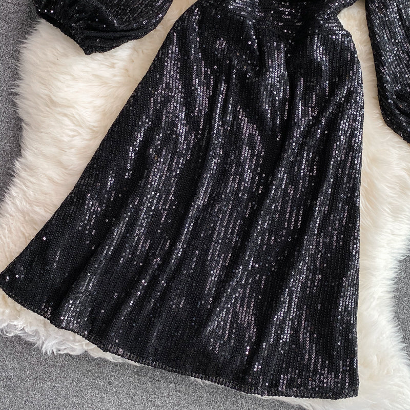 Celebrity light luxury Sequin short high-end V-neck dress  3068