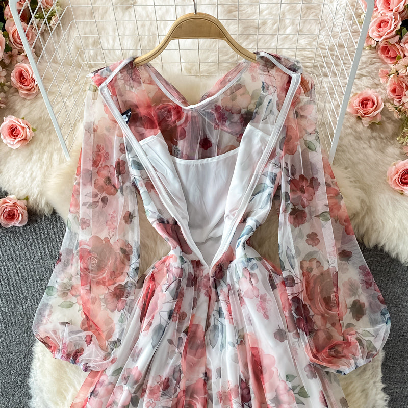 Gentle wind bow tie tie thin high waist Floral Chiffon Dress  3221