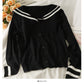 Striped single breasted Navy neck loose knit women's shirt  2063